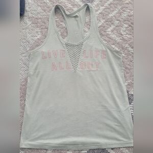 Grey OTF Tank Top with Pink/Orange "Live Life All Out" Quote & Mesh V Cutout